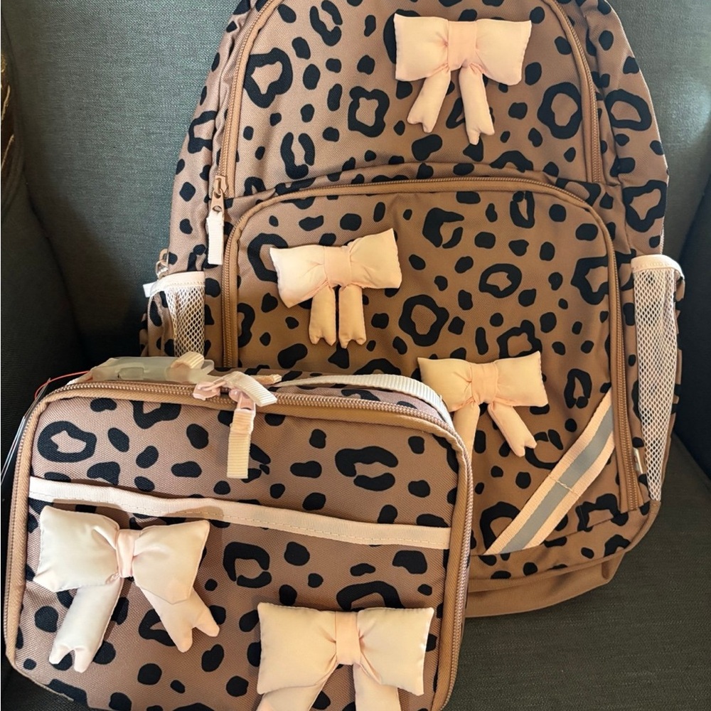 Leopard Print Kids Backpack and Lunchbox Set with Pink Bows